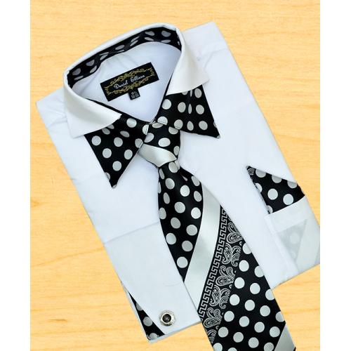 Daniel Ellissa White / Black Polka Dots Double Collar Shirt / Tie / Hanky Set With Free Cufflinks FS1112P2